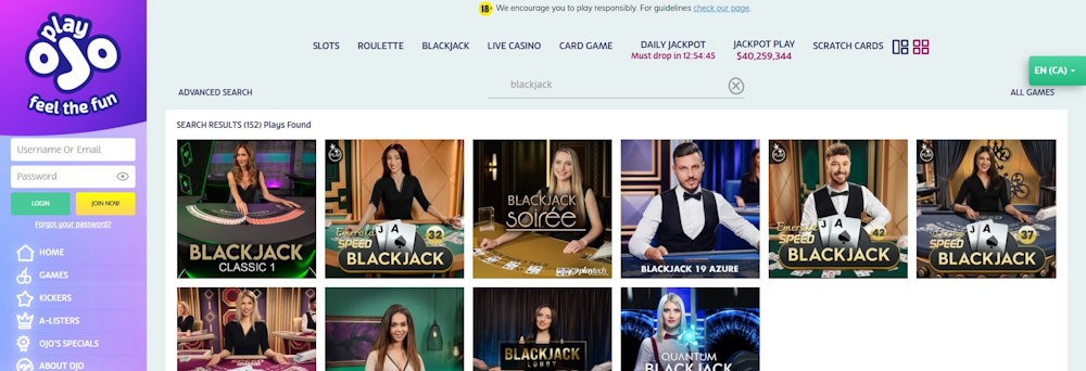 PlayOJO blackjack games