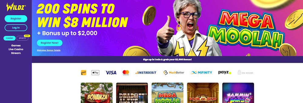 Wildz Casino Canada landing page