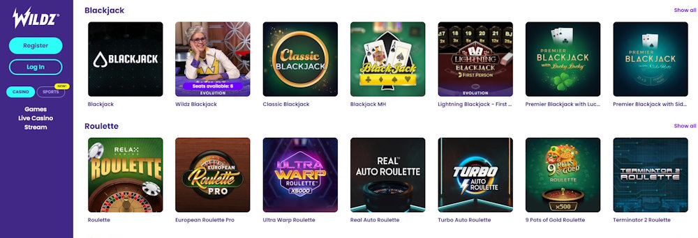Table Games at Wildz Casino
